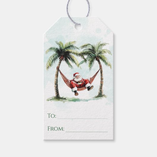 Palmboom Santa Hammock Tropisch Strand Kerstmis Cadeaulabel (Voorkant)