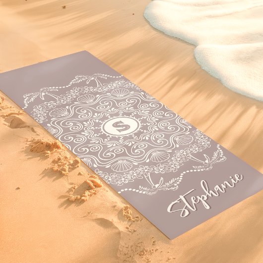 Palmboom Seashell Mandala Monogram Lavender Beach Yogamat