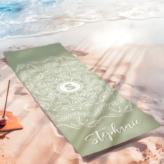 Palmboom Seashell Mandala Monogram Sage Beachy Yogamat