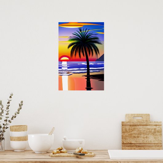 Palmboom silhouet en kleurrijke zonsondergang poster (Keuken)