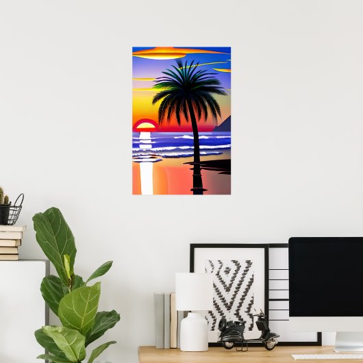 Palmboom silhouet en kleurrijke zonsondergang poster (Thuiskantoor)