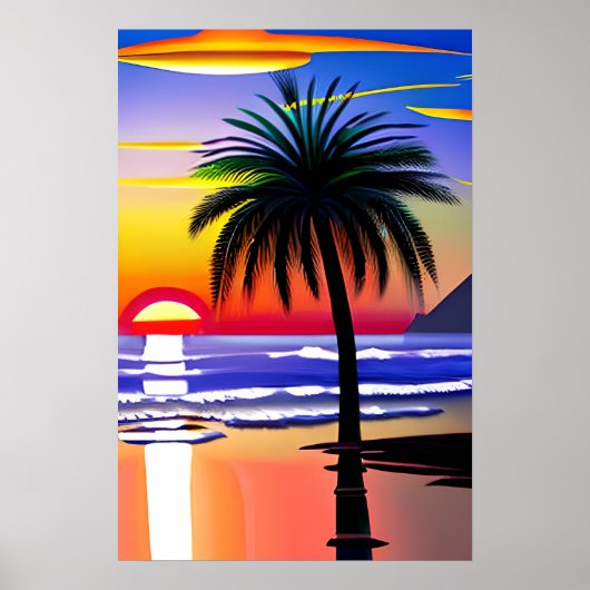Palmboom silhouet en kleurrijke zonsondergang poster (Voorkant)
