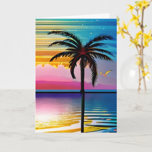 Palmboom silhouet en zonsondergang | JUBILEUM Kaart (Gele Bloem)