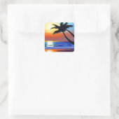 Palmboom silhouet met zonsondergang reflectie vierkante sticker (Tas)