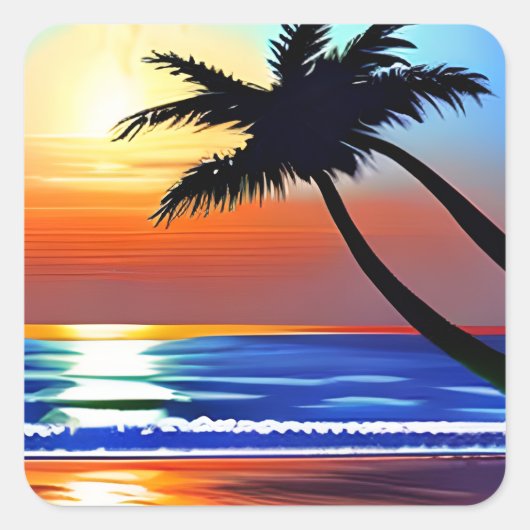 Palmboom silhouet met zonsondergang reflectie vierkante sticker (Voorkant)