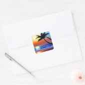 Palmboom silhouet met zonsondergang reflectie vierkante sticker (Envelop)