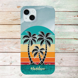  palmboom silhouet strand zonsondergang monogram iPhone 15 mini hoesje