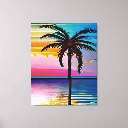 Palmboom silhouet, zeemeeuw en kleurrijke zonsonde canvas afdruk (Voorkant)