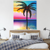Palmboom silhouet, zeemeeuw en kleurrijke zonsonde canvas afdruk (Insitu (Slaapkamer))