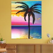 Palmboom silhouet, zeemeeuw en kleurrijke zonsonde canvas afdruk (Insitu (Woonkamer))