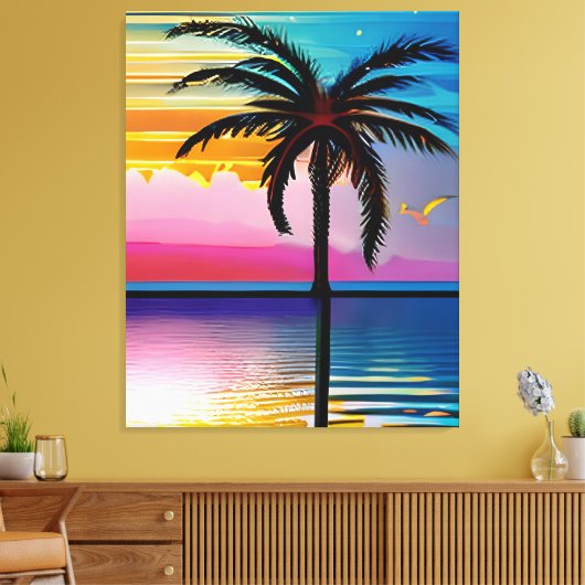 Palmboom silhouet, zeemeeuw en kleurrijke zonsonde canvas afdruk (Insitu (Woonkamer))