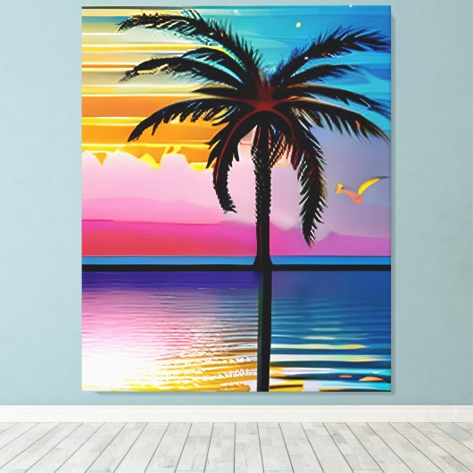 Palmboom silhouet, zeemeeuw en kleurrijke zonsonde canvas afdruk (Insitu (Houten vloer))