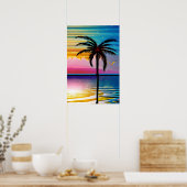 Palmboom silhouet, zeemeeuw en kleurrijke zonsonde poster (Keuken)