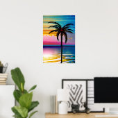 Palmboom silhouet, zeemeeuw en kleurrijke zonsonde poster (Thuiskantoor)
