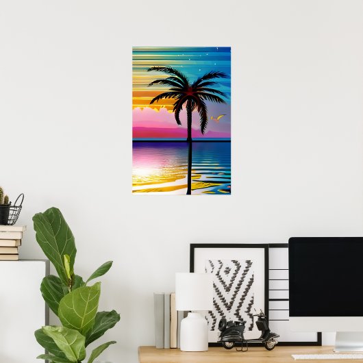Palmboom silhouet, zeemeeuw en kleurrijke zonsonde poster (Thuiskantoor)
