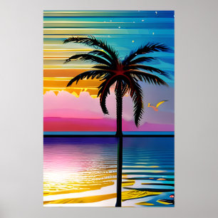 Palmboom silhouet, zeemeeuw en kleurrijke zonsonde poster