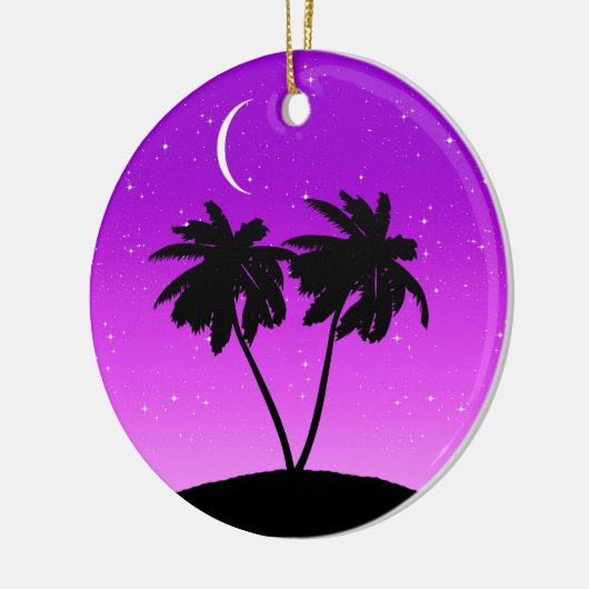 Palmboom Silhouette, Paars schemerlicht met sterre Keramisch Ornament (Links)