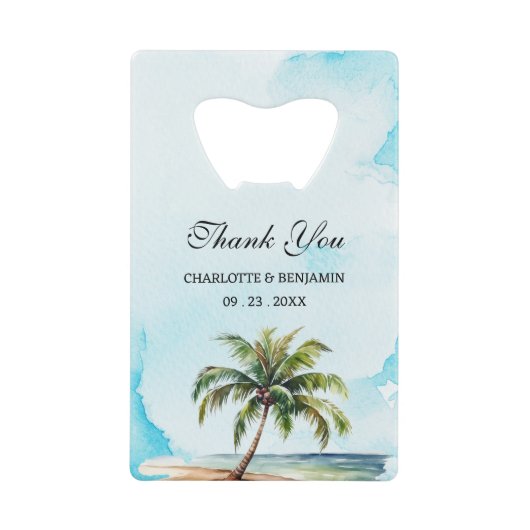 Palmboom Strand Bruiloft Geschenk Creditkaart Flessenopener (Voorkant)