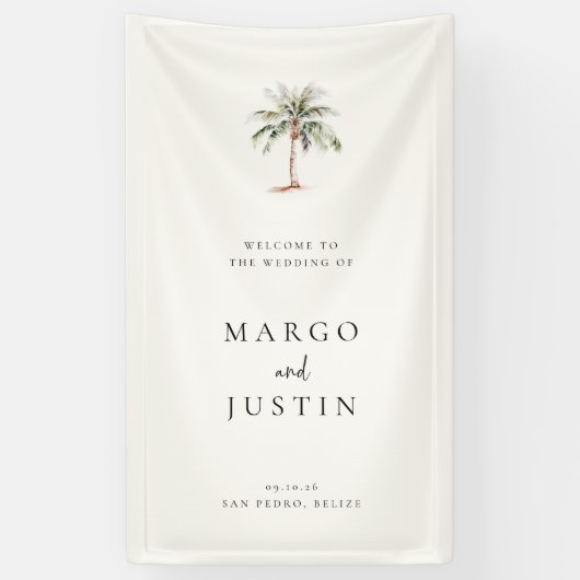 Palmboom Strand Bruiloft Welkom Spandoek (Verticaal)