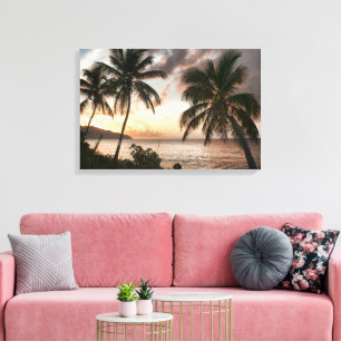 Palmboom Strand Tropisch Eiland Oceaan Zonsonderga Canvas Afdruk