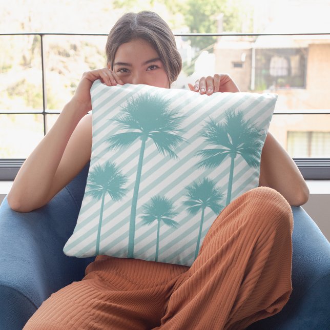 Palmboom streep Blauwgroen strandhuis decoratief Kussen (Palm Tree Stripe Teal Beach House Decorative Throw Pillow)