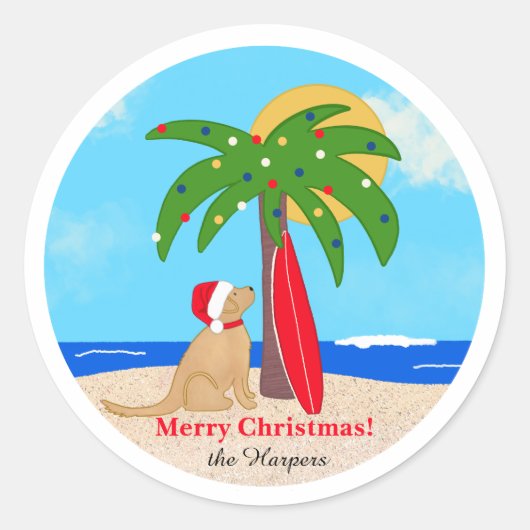 Palmboom Surfboard Kerstman Hond Kerst Set Ronde Sticker (Voorkant)