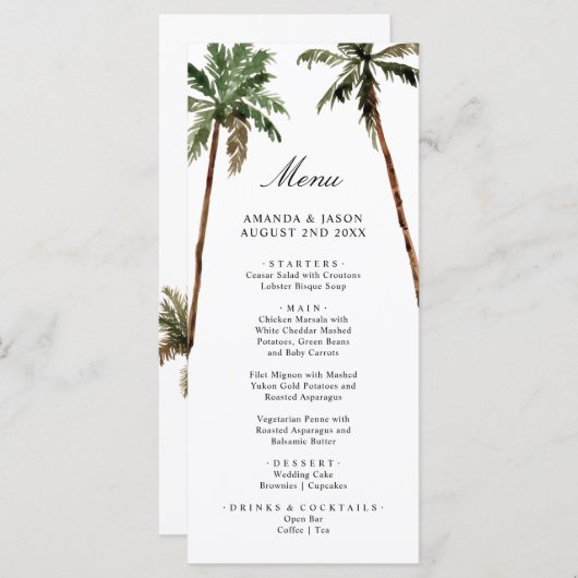 Palmboom Tropical Island Minimale strand Wedding Menu (Voorkant / Achterkant)