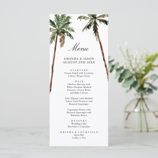 Palmboom Tropical Island Minimale strand Wedding Menu (Staand voorkant)