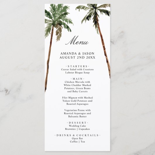 Palmboom Tropical Island Minimale strand Wedding Menu (Voorkant)