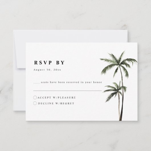 Palmboom Tropical Island Minimale strand Wedding RSVP Kaartje (Voorkant)