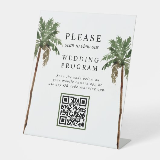 Palmboom Tropical Island QR code Wedding Programme Reclamebord Met Voetstuk (Voorkant)