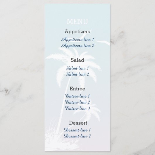 Palmboom tropisch blauw, roze strand bruiloft Menu (Achterkant)
