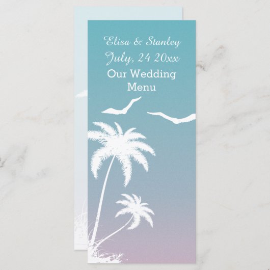 Palmboom tropisch blauw, roze strand bruiloft Menu (Voorkant / Achterkant)