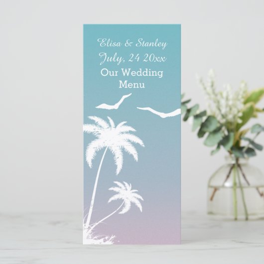 Palmboom tropisch blauw, roze strand bruiloft Menu (Staand voorkant)