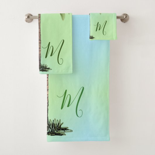 Palmboom  Tropisch Elegant Monogram Groen Bad Handdoek (Insitu)