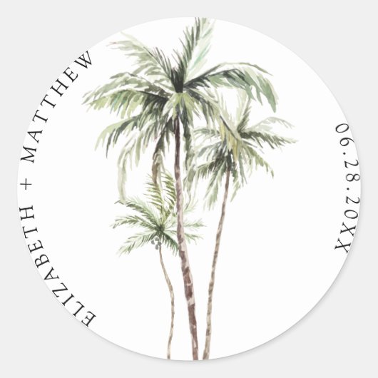 Palmboom Tropisch | Minimale bruiloft Ronde Sticker (Voorkant)