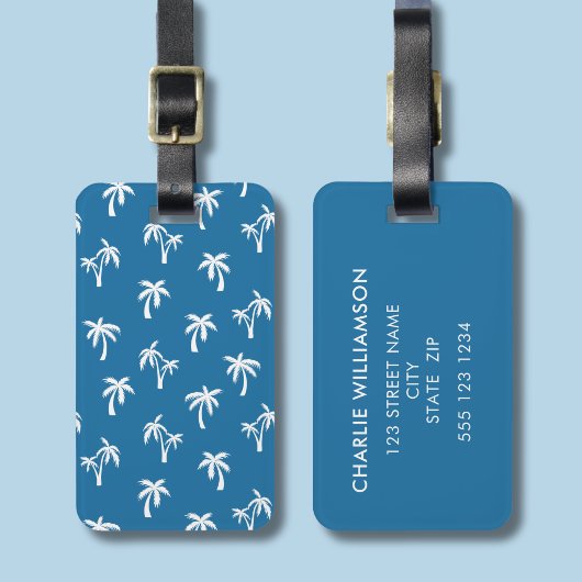 Palmboom tropisch patroon blauw bagagelabel