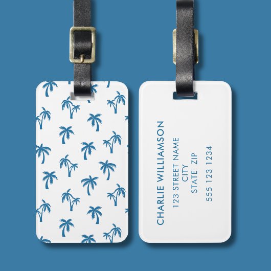 Palmboom Tropisch patroon blauw wit Bagagelabel