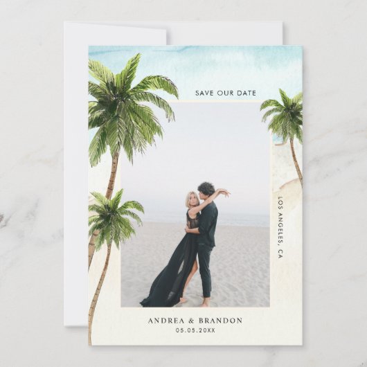 Palmboom Tropische Bestemming Oceaan Strand Bruilo Save The Date (Voorkant)