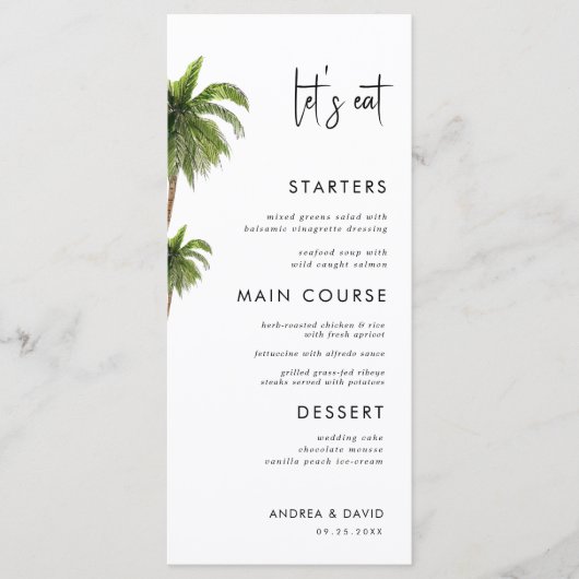 Palmboom tropische exotische laten we eten strand menu (Voorkant)