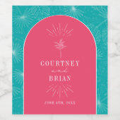 Palmboom Tropische roze en blauwe strand bruiloft Wijn Etiket (Enkel label)