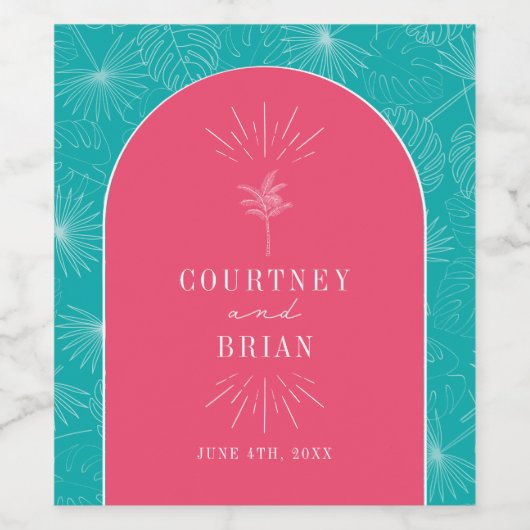 Palmboom Tropische roze en blauwe strand bruiloft Wijn Etiket (Enkel label)
