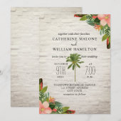 Palmboom Tropische Witte Brick Wedding Kaart (Voorkant / Achterkant)