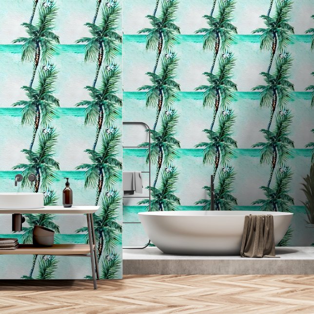 Palmboom turquoise oceaan kust naadloos patroon behang (Badkamer)