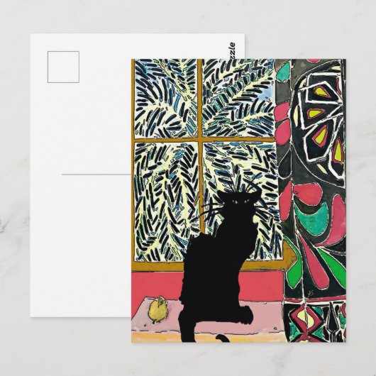 Palmboom Venster met Zwarte Kat Briefkaart (Voorkant / Achterkant)
