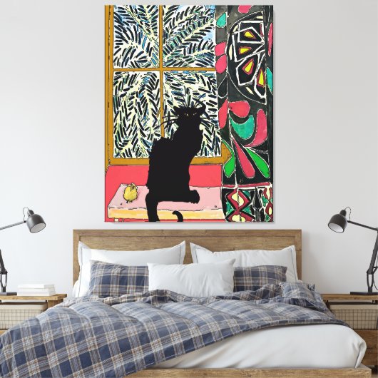 Palmboom Venster met Zwarte Kat Canvas Afdruk (Insitu (Slaapkamer))