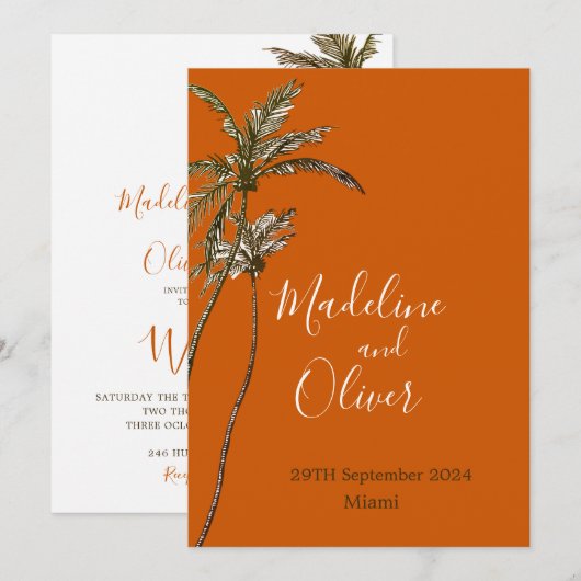 Palmboom verbrand Oranje modern tropisch huwelijk Kaart (Voorkant / Achterkant)