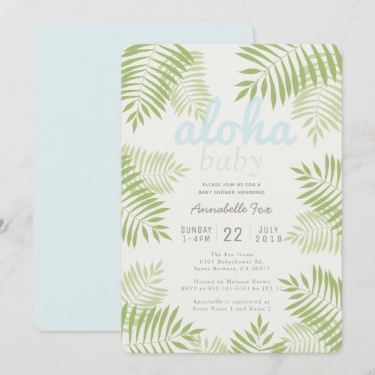 Palmboom verlaat Aloha Baby shower Invitation Kaart (Voorkant / Achterkant)