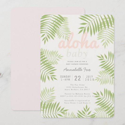 Palmboom verlaat Aloha Baby shower Invitation Kaart (Voorkant / Achterkant)