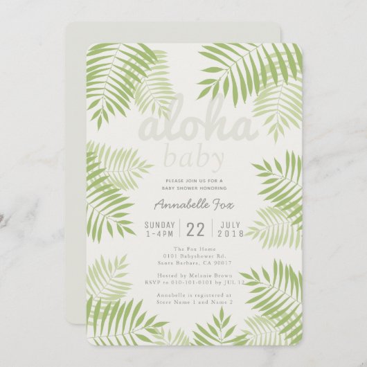 Palmboom verlaat Aloha Baby shower Invitation Kaart (Voorkant / Achterkant)